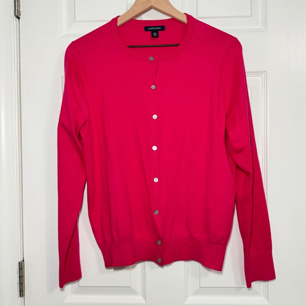 Lands End Womens Cotton Hot Pink Button Front Crew Neck Cardigan Sweater M